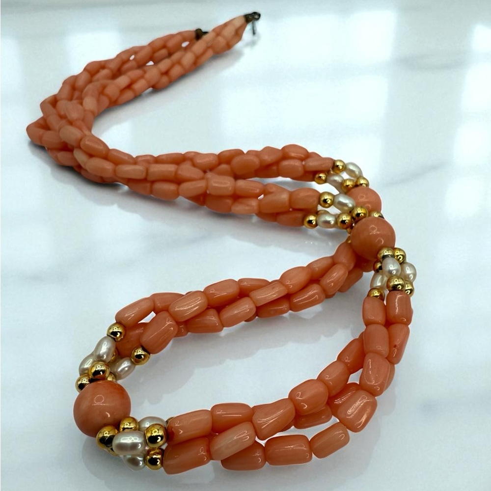 Vintage Angel Skin Coral & Freshwater Pearl 18” 3 Strand Twist Bead Gold Accents - Picture 8 of 17